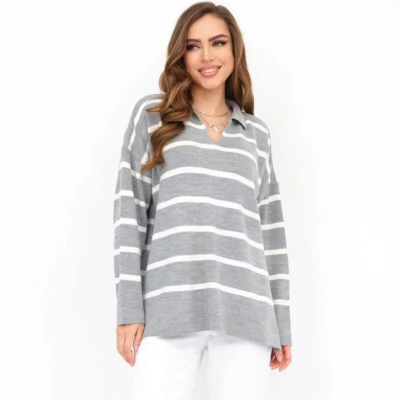 Contrast Striped Collared V Neck Drop Shoulder Split Hem Oversized Sweater