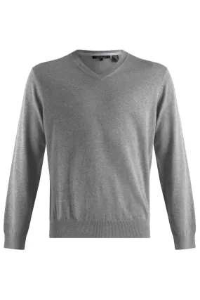 Cotton and Silk Blend Elbow Patch V-Neck Sweater in Heather Grey by Viyella