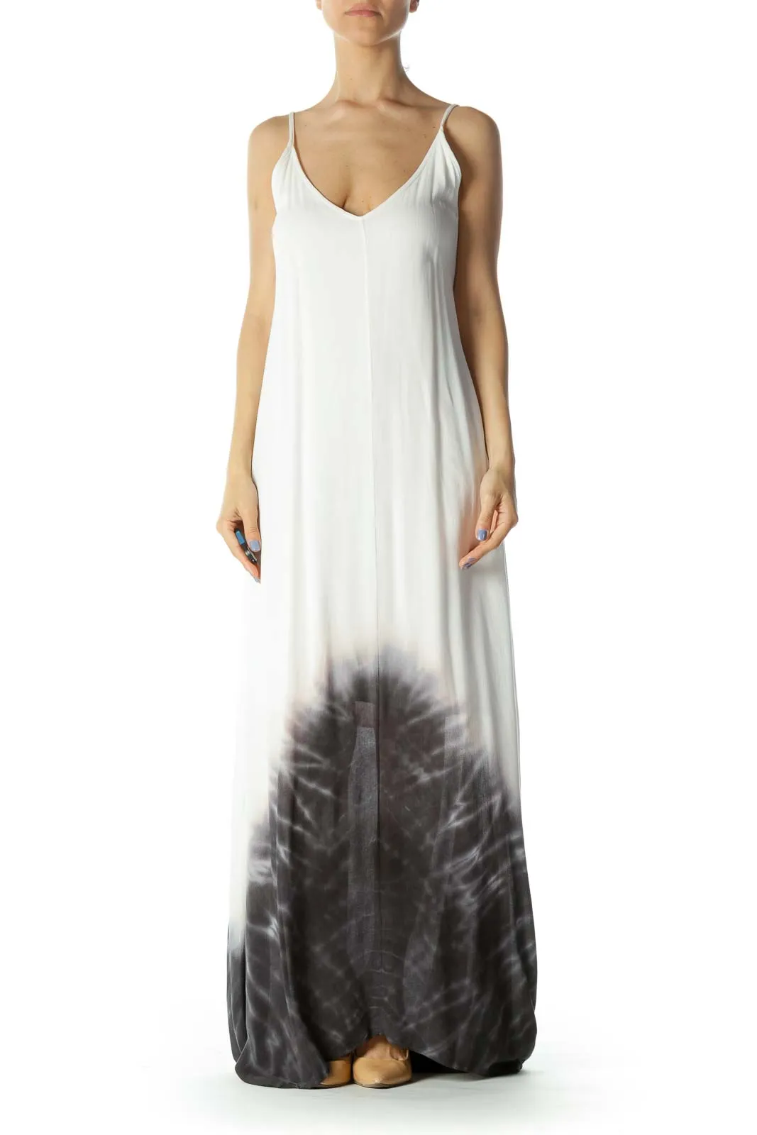 Cream/Gray Tie-Dye Print V-Neck Lined Maxi Dress