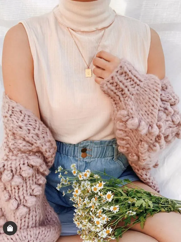 Cute Open Front Chunky Waffle Knit Sweater Cardigan