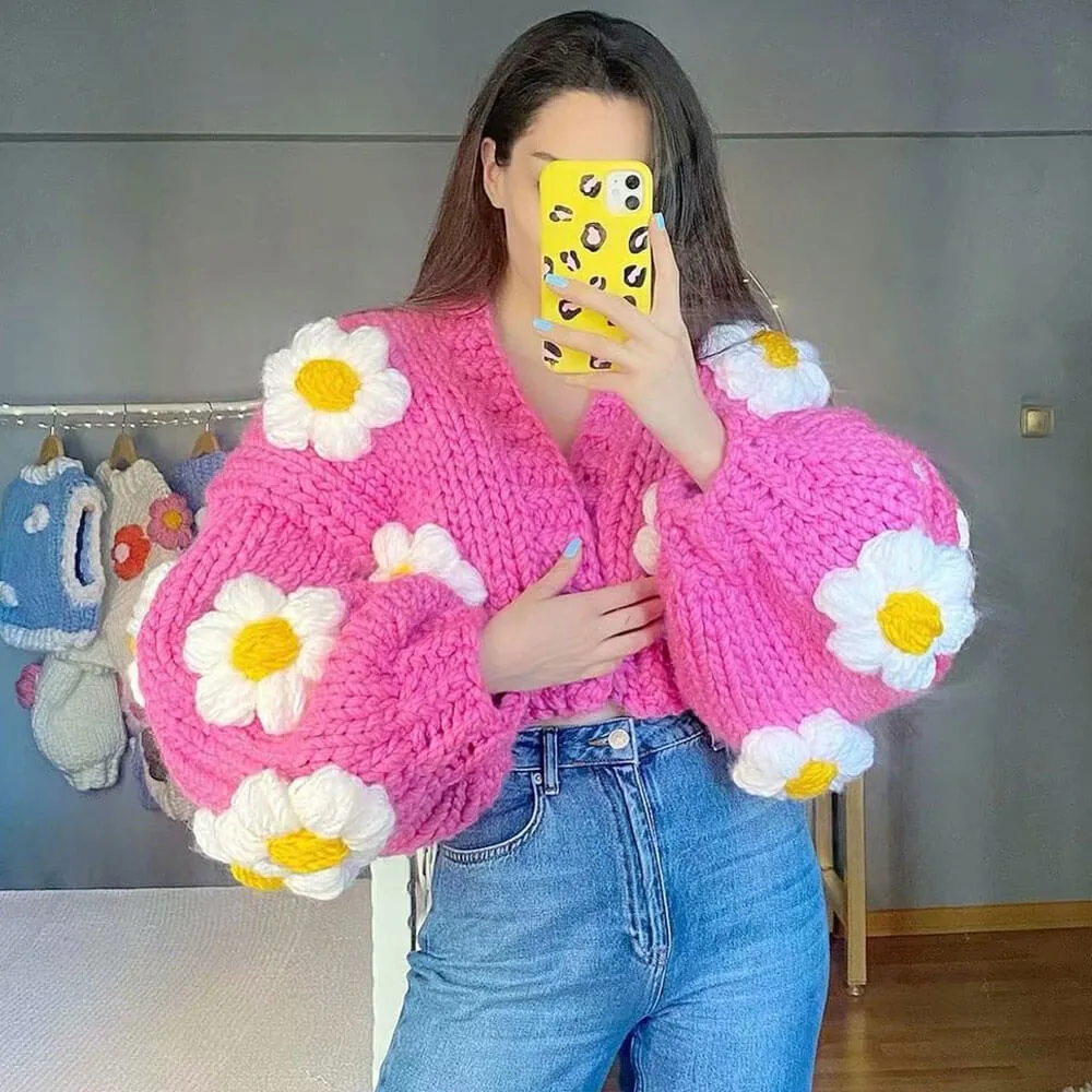 Cute Puff Sleeve Hand Knit Chunky Yarn Floral Cropped Cardigan