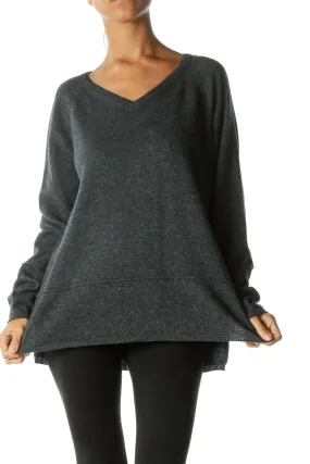 Dark Gray V-Neck 100% Cashmere Raised Seam Detail Sweater