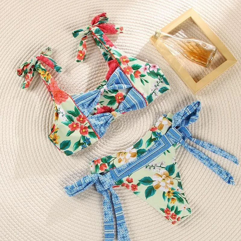 Deep V Neck Bikini Floral Print Swimsuit Bow Swimwear Lace Up Bikini Set