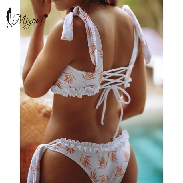 Deep V Neck Bikini Floral Print Swimsuit Bow Swimwear Lace Up Bikini Set