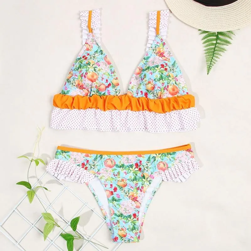 Deep V Neck Bikini Floral Print Swimsuit Bow Swimwear Lace Up Bikini Set