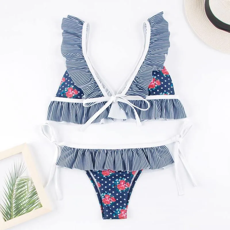 Deep V Neck Bikini Floral Print Swimsuit Bow Swimwear Lace Up Bikini Set