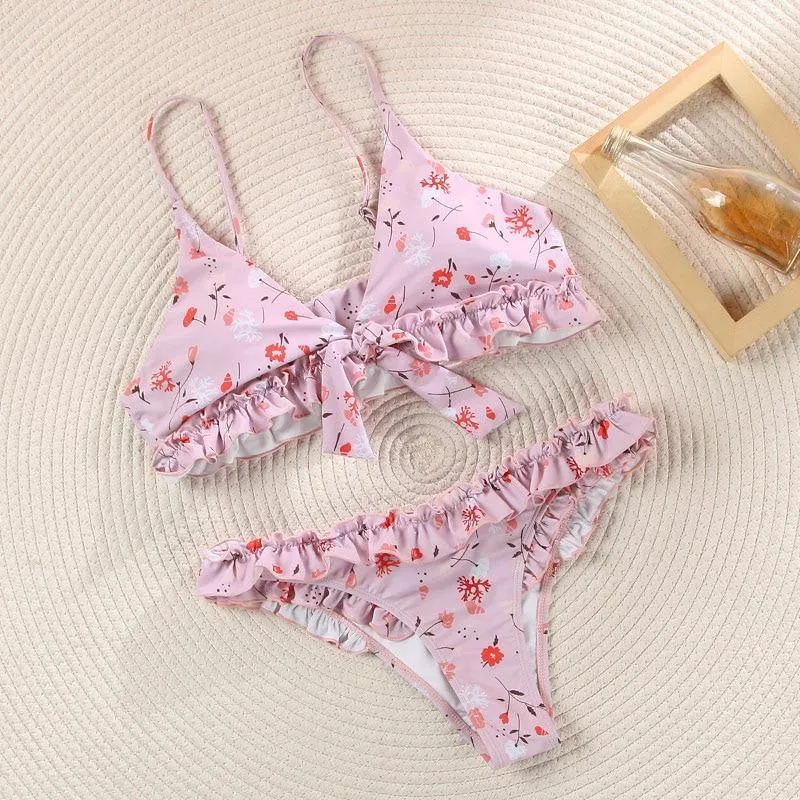 Deep V Neck Bikini Floral Print Swimsuit Bow Swimwear Lace Up Bikini Set