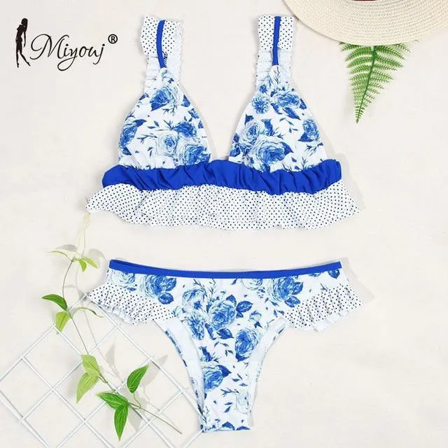 Deep V Neck Bikini Floral Print Swimsuit Bow Swimwear Lace Up Bikini Set