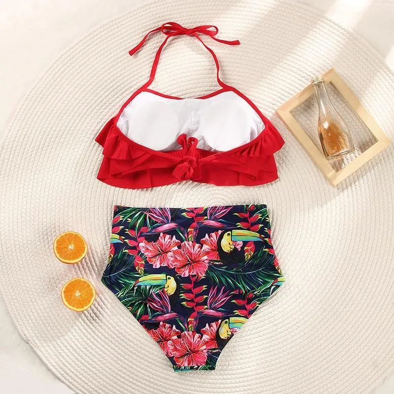 Deep V Neck Bikini Floral Print Swimsuit Bow Swimwear Lace Up Bikini Set