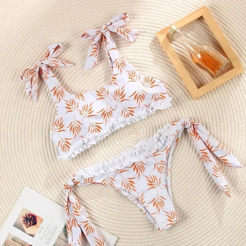 Deep V Neck Bikini Floral Print Swimsuit Bow Swimwear Lace Up Bikini Set