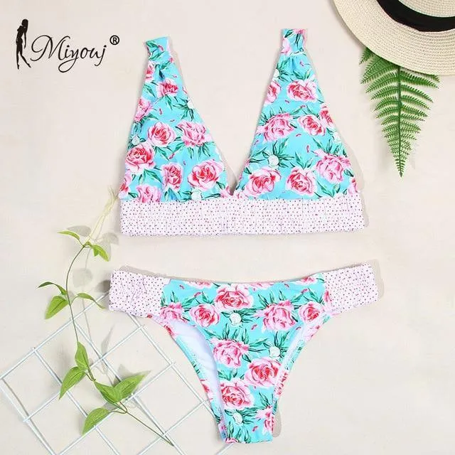 Deep V Neck Bikini Floral Print Swimsuit Bow Swimwear Lace Up Bikini Set