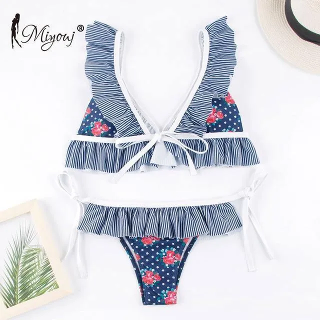 Deep V Neck Bikini Floral Print Swimsuit Bow Swimwear Lace Up Bikini Set