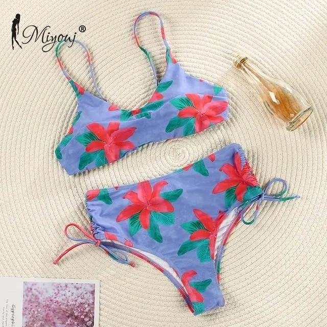 Deep V Neck Bikini Floral Print Swimsuit Bow Swimwear Lace Up Bikini Set