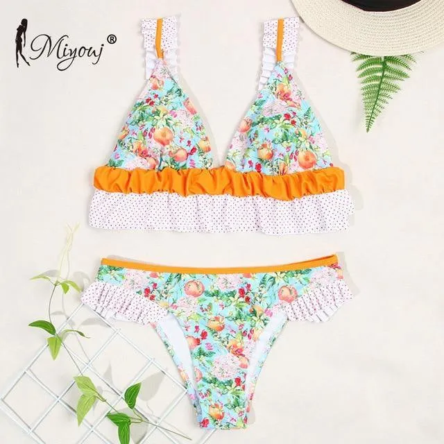 Deep V Neck Bikini Floral Print Swimsuit Bow Swimwear Lace Up Bikini Set