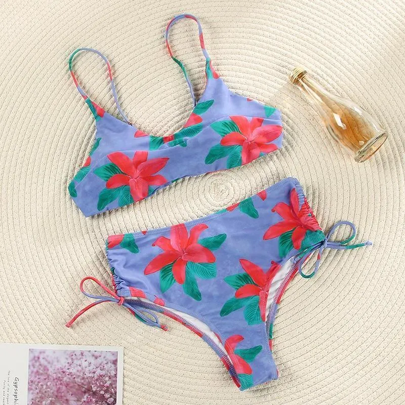 Deep V Neck Bikini Floral Print Swimsuit Bow Swimwear Lace Up Bikini Set