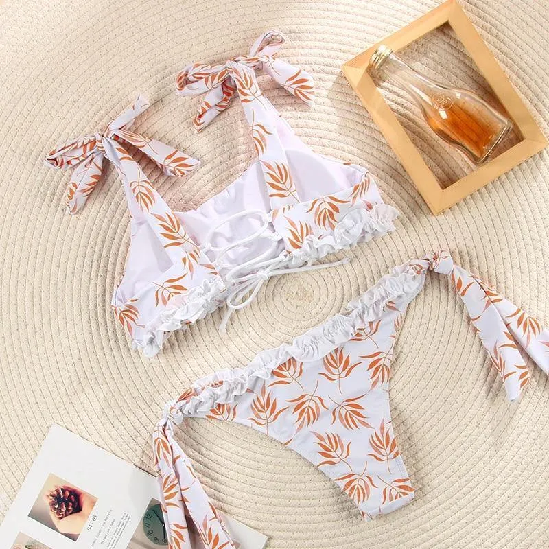 Deep V Neck Bikini Floral Print Swimsuit Bow Swimwear Lace Up Bikini Set