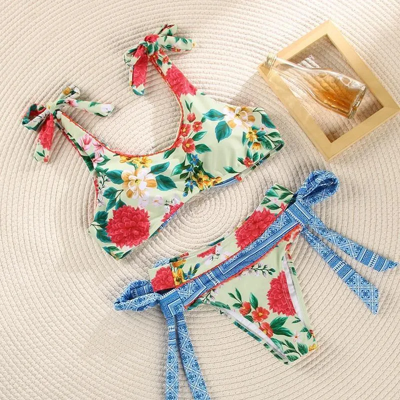 Deep V Neck Bikini Floral Print Swimsuit Bow Swimwear Lace Up Bikini Set