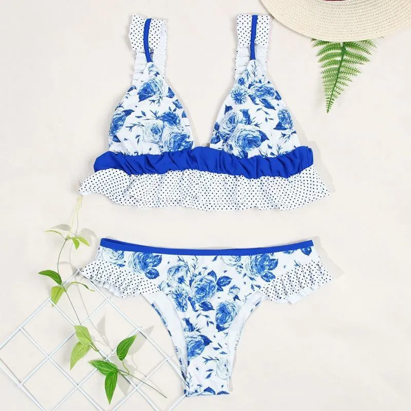 Deep V Neck Bikini Floral Print Swimsuit Bow Swimwear Lace Up Bikini Set