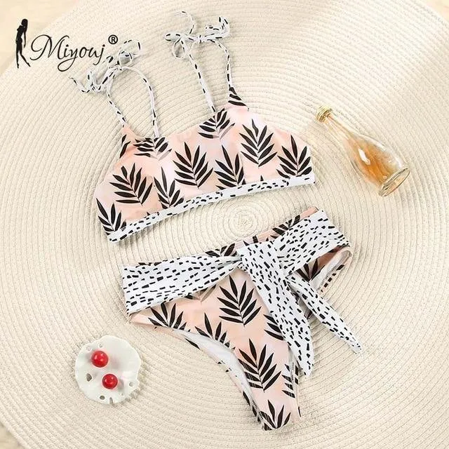 Deep V Neck Bikini Floral Print Swimsuit Bow Swimwear Lace Up Bikini Set