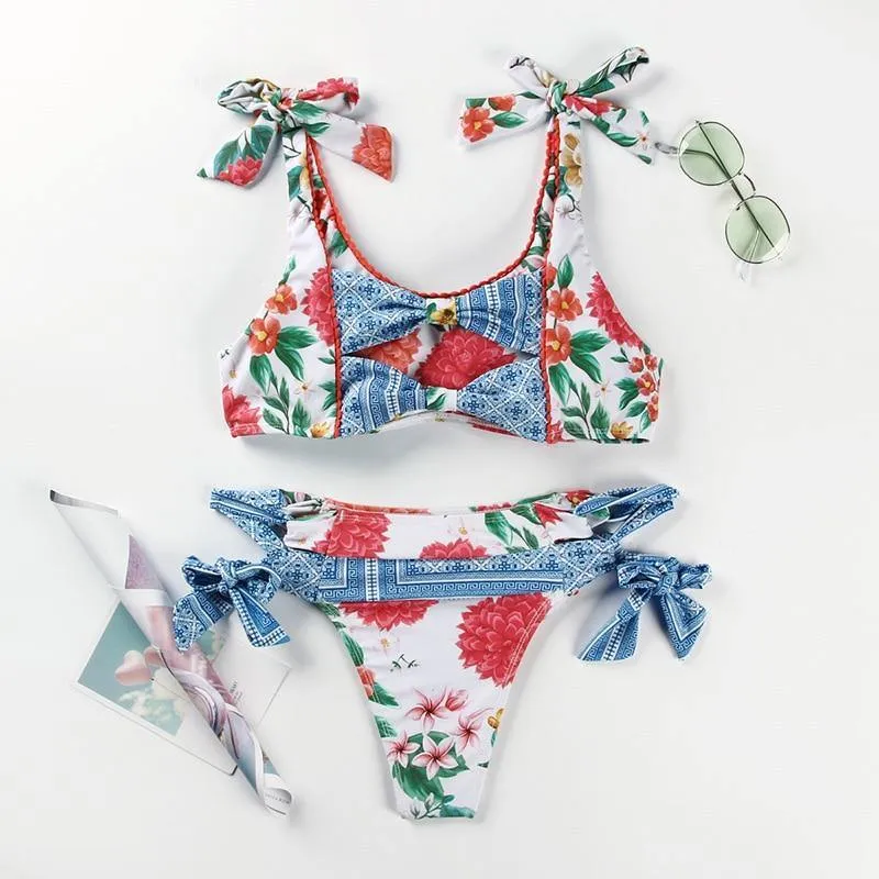 Deep V Neck Bikini Floral Print Swimsuit Bow Swimwear Lace Up Bikini Set