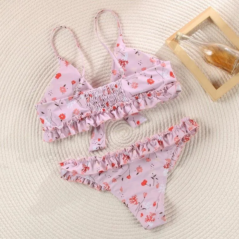 Deep V Neck Bikini Floral Print Swimsuit Bow Swimwear Lace Up Bikini Set