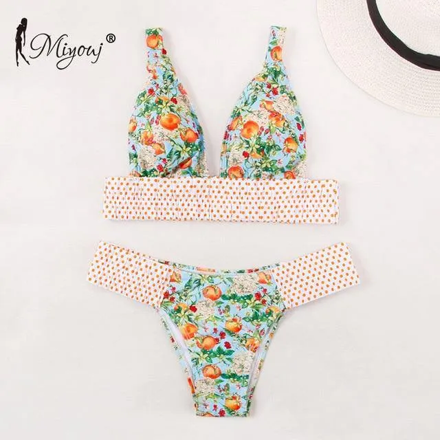 Deep V Neck Bikini Floral Print Swimsuit Bow Swimwear Lace Up Bikini Set