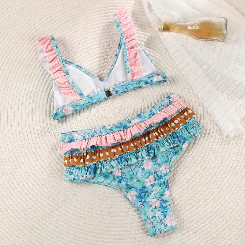 Deep V Neck Bikini Floral Print Swimsuit Bow Swimwear Lace Up Bikini Set