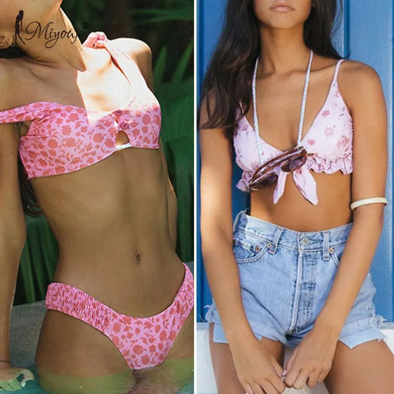 Deep V Neck Bikini Floral Print Swimsuit Bow Swimwear Lace Up Bikini Set