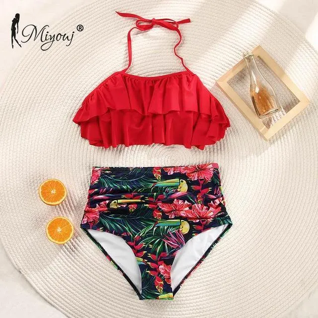 Deep V Neck Bikini Floral Print Swimsuit Bow Swimwear Lace Up Bikini Set