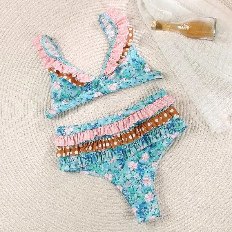 Deep V Neck Bikini Floral Print Swimsuit Bow Swimwear Lace Up Bikini Set