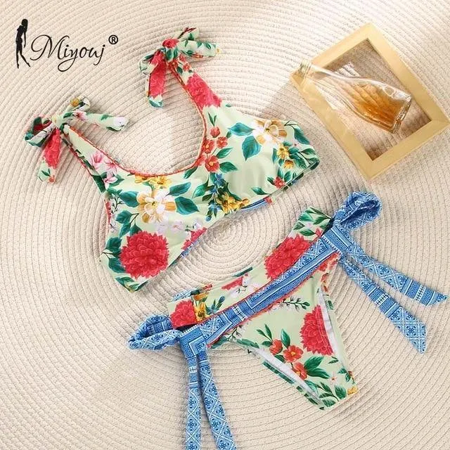 Deep V Neck Bikini Floral Print Swimsuit Bow Swimwear Lace Up Bikini Set