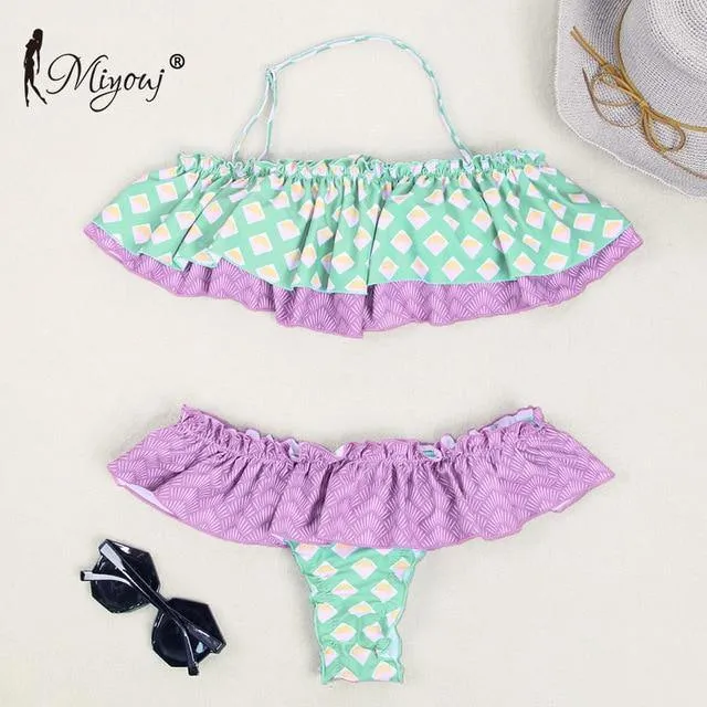 Deep V Neck Bikini Floral Print Swimsuit Bow Swimwear Lace Up Bikini Set