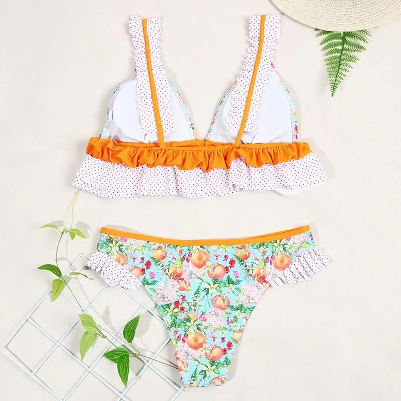 Deep V Neck Bikini Floral Print Swimsuit Bow Swimwear Lace Up Bikini Set