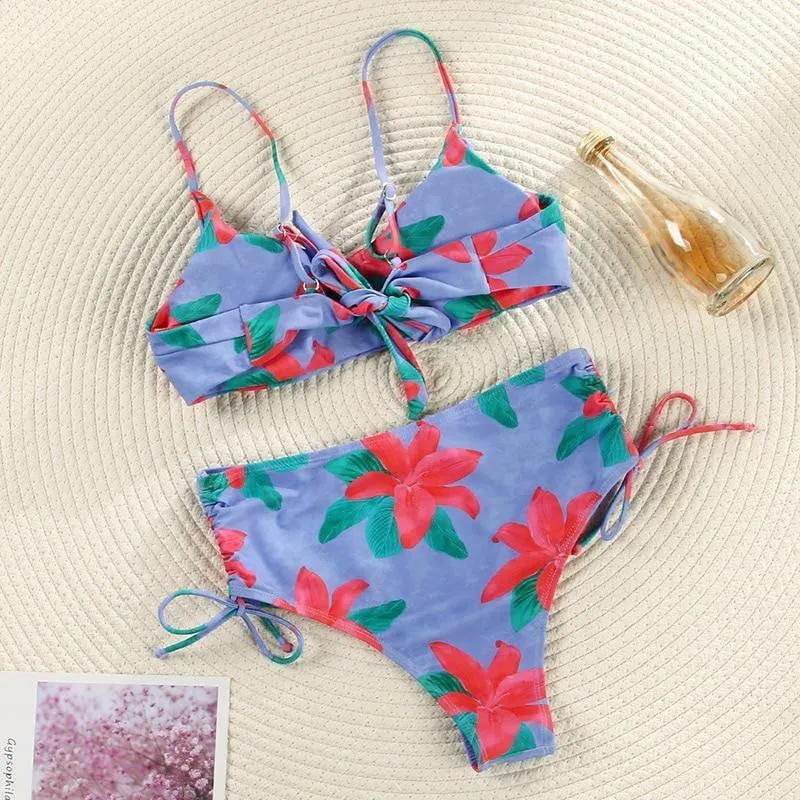 Deep V Neck Bikini Floral Print Swimsuit Bow Swimwear Lace Up Bikini Set