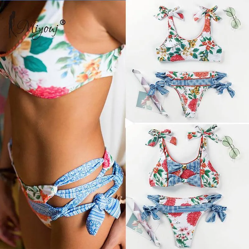 Deep V Neck Bikini Floral Print Swimsuit Bow Swimwear Lace Up Bikini Set