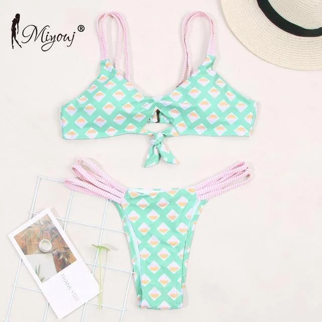 Deep V Neck Bikini Floral Print Swimsuit Bow Swimwear Lace Up Bikini Set