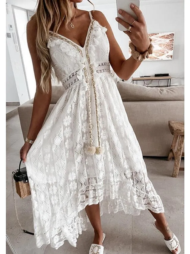 Dunnmall Women's Swing Dress Maxi Long Dress White Beige Sleeveless Solid Color Embroidered Lace Spring Summer V Neck Casual Boho Beach Lace 2021 S M L XL XXL