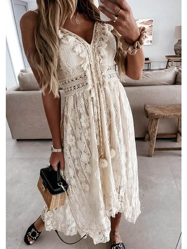 Dunnmall Women's Swing Dress Maxi Long Dress White Beige Sleeveless Solid Color Embroidered Lace Spring Summer V Neck Casual Boho Beach Lace 2021 S M L XL XXL