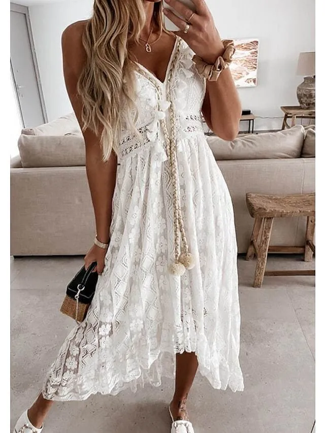 Dunnmall Women's Swing Dress Maxi Long Dress White Beige Sleeveless Solid Color Embroidered Lace Spring Summer V Neck Casual Boho Beach Lace 2021 S M L XL XXL