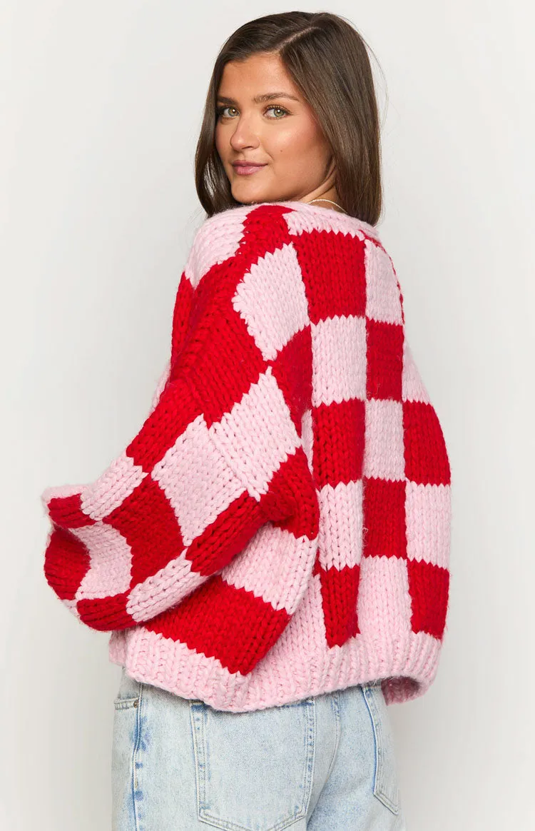 Envi Pink And Red Checkered Knit Cardigan