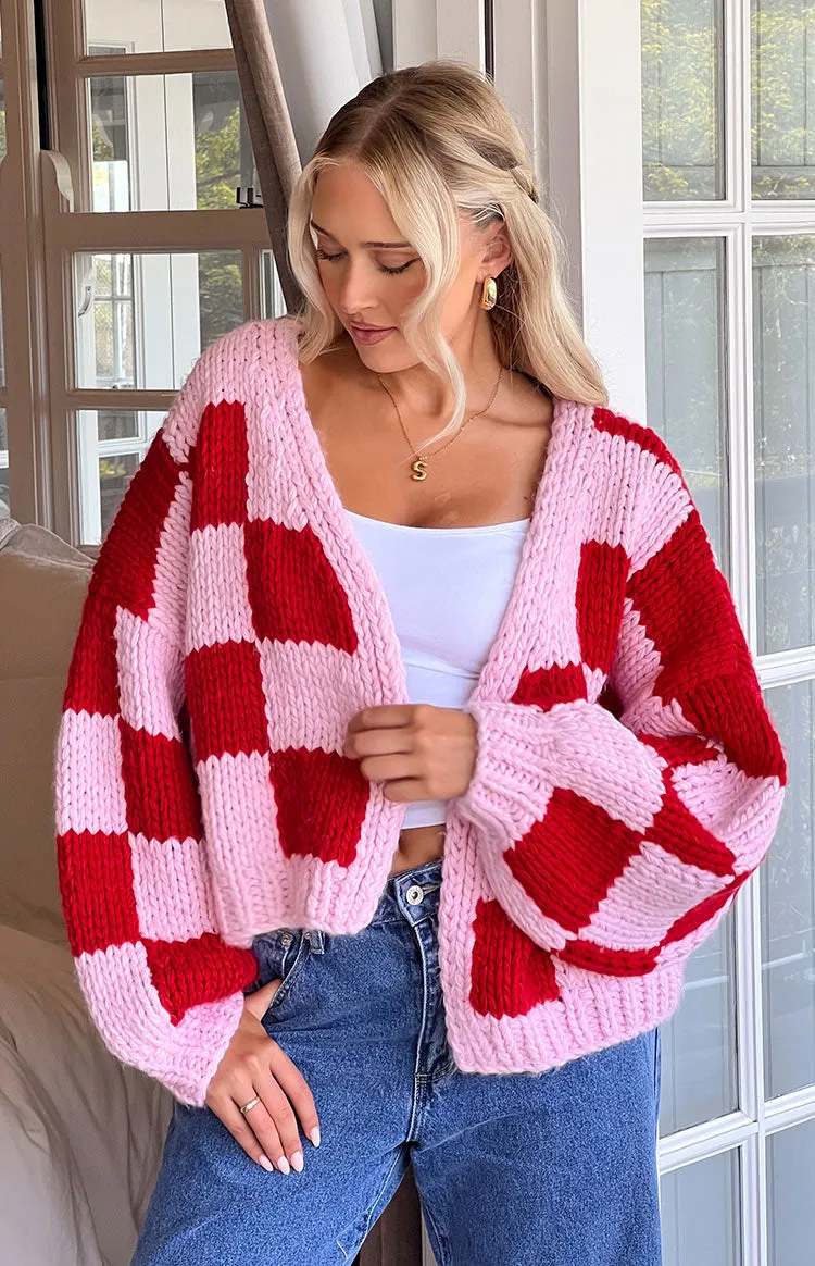 Envi Pink And Red Checkered Knit Cardigan