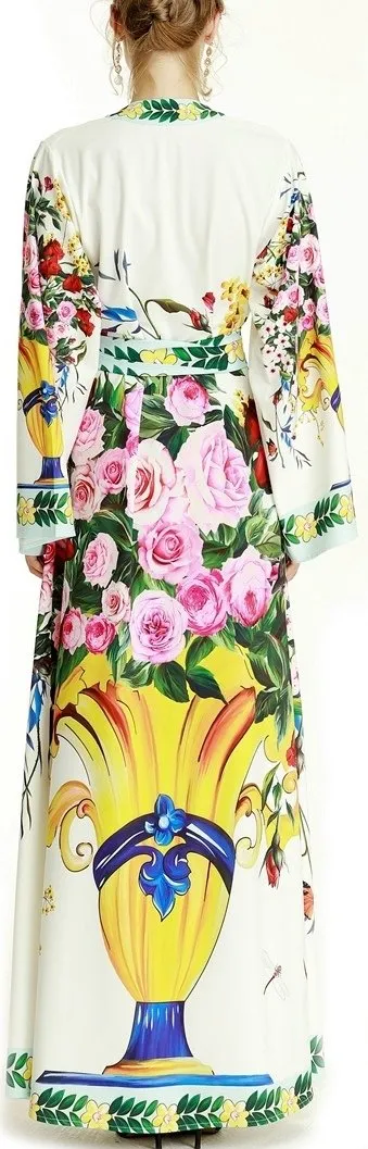 Floral & Vase Print Maxi Robe-Dress