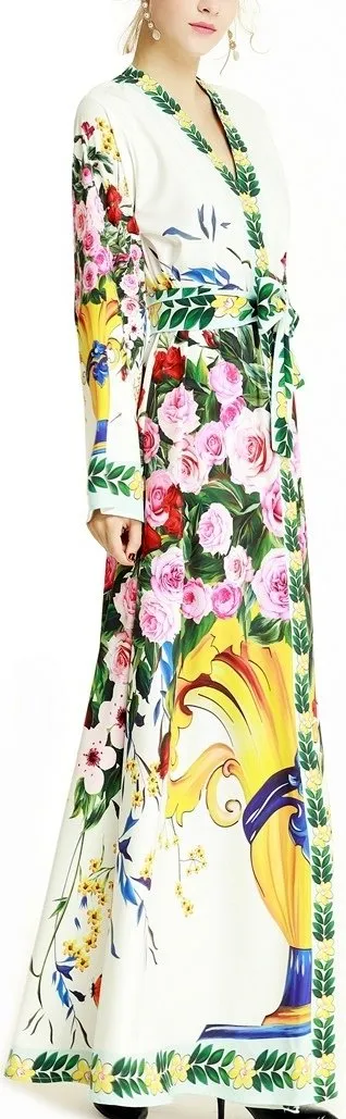 Floral & Vase Print Maxi Robe-Dress