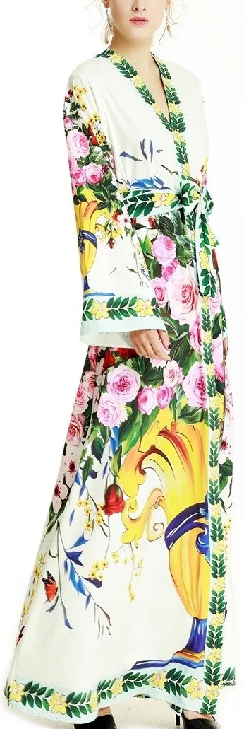 Floral & Vase Print Maxi Robe-Dress