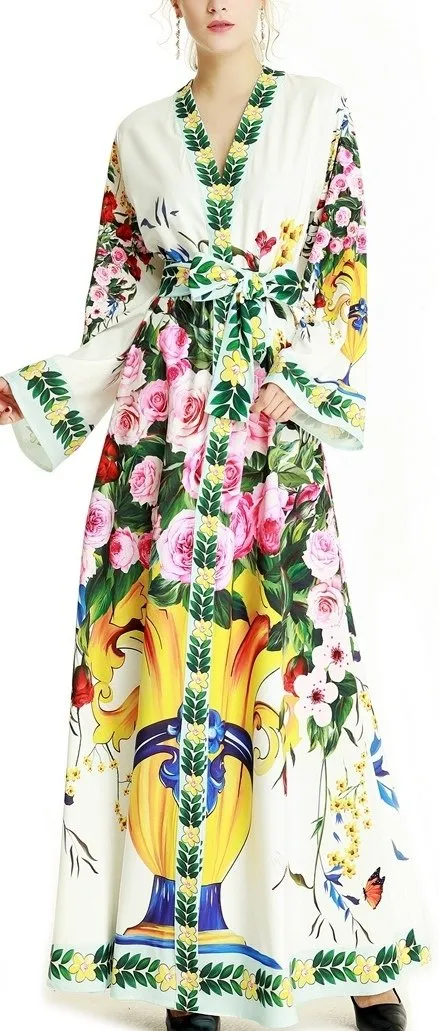 Floral & Vase Print Maxi Robe-Dress