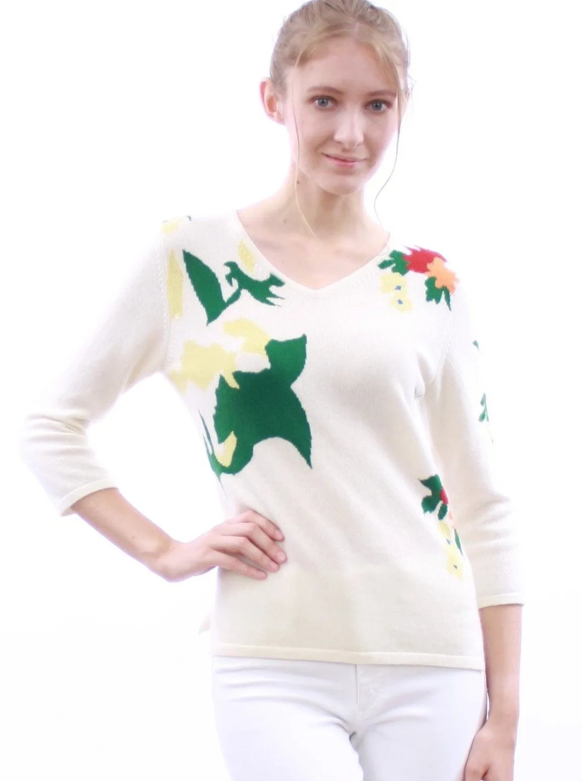 Floral-Intarsia V Neck