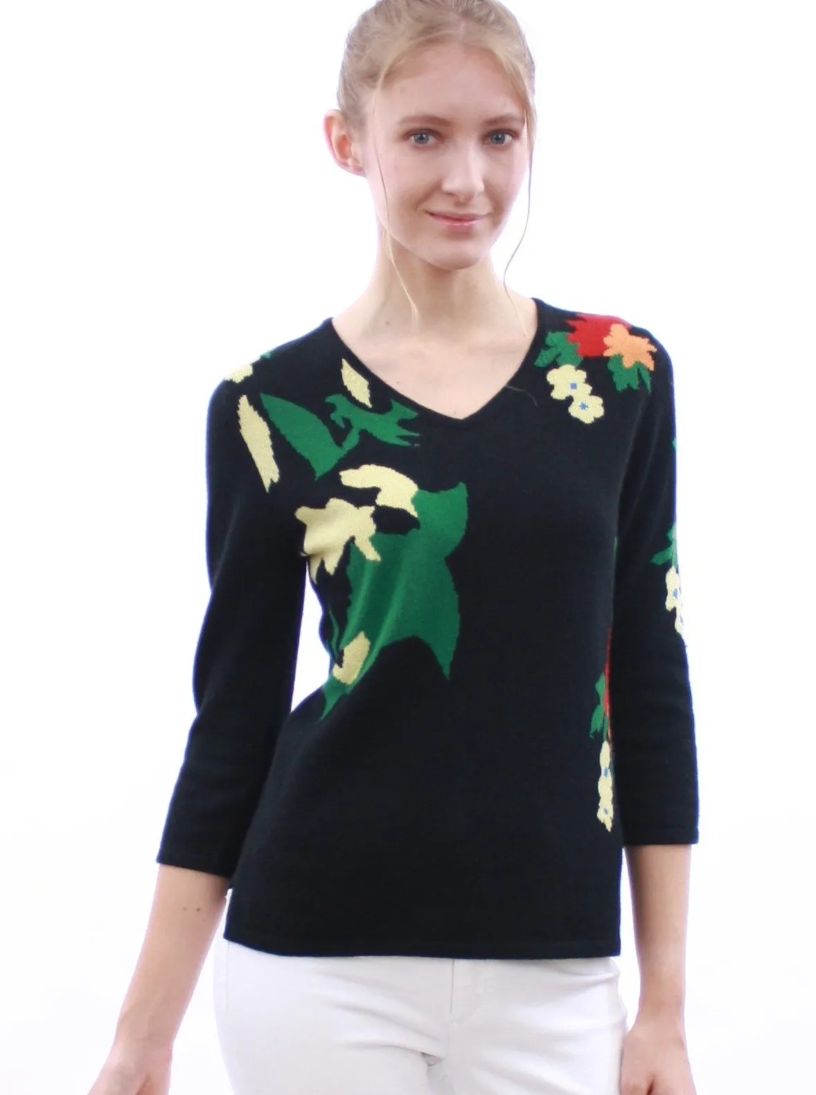 Floral-Intarsia V Neck