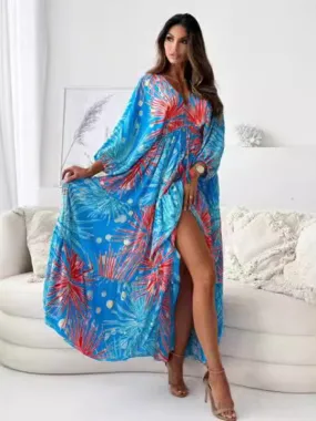 Floral Lantern Sleeve Maxi Dress with High Slit