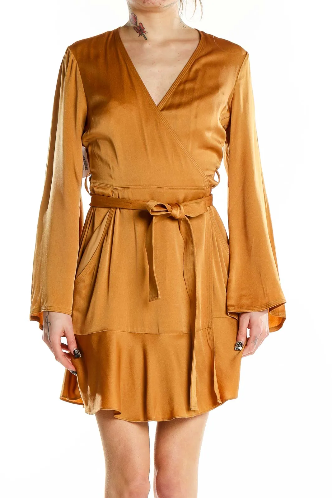 Golden Satin Wrap Mini Dress