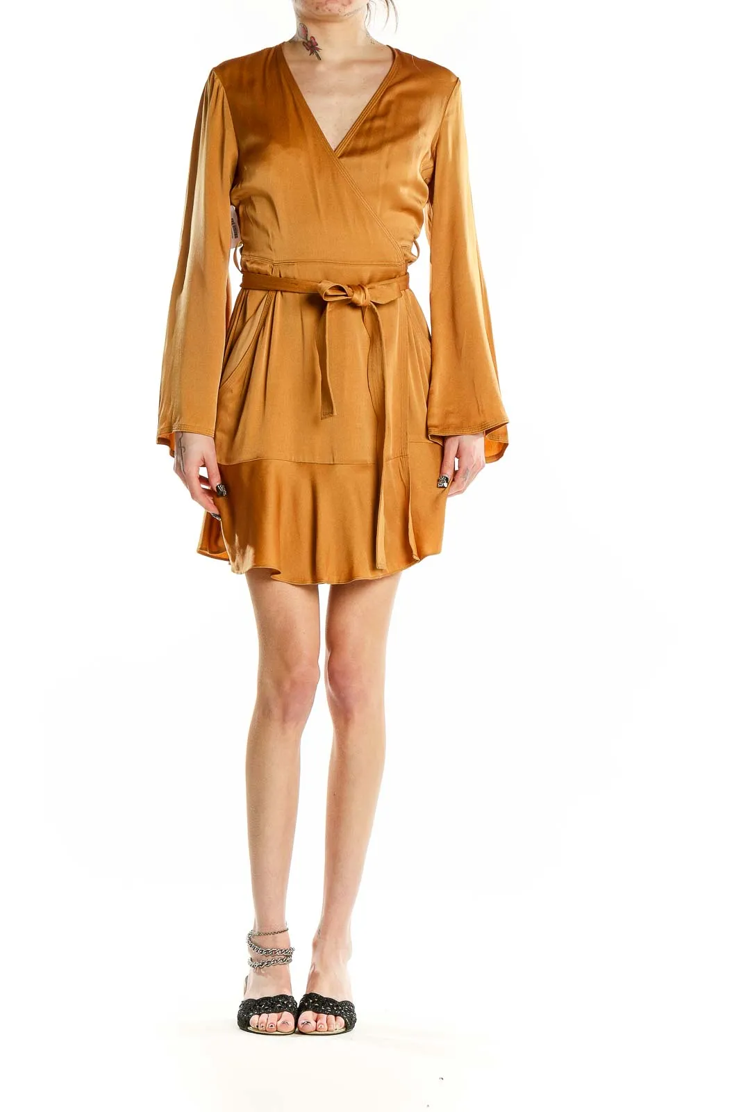 Golden Satin Wrap Mini Dress